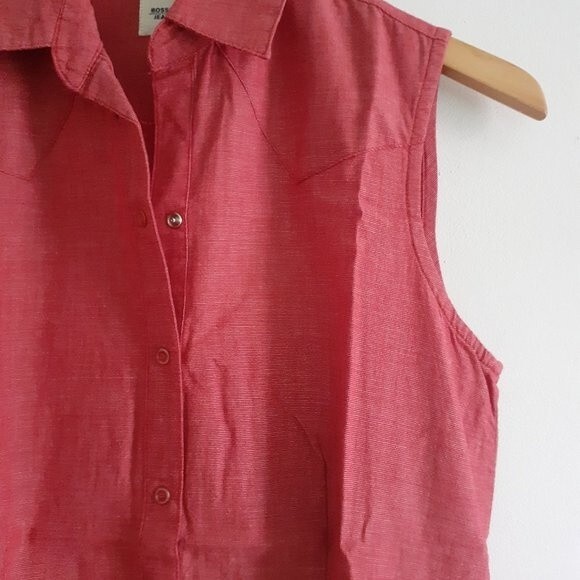 Vintage 90's Bossini Jeans Red Chambray Sleeveless Collared Midi Dress Size 11 - Picture 12 of 16